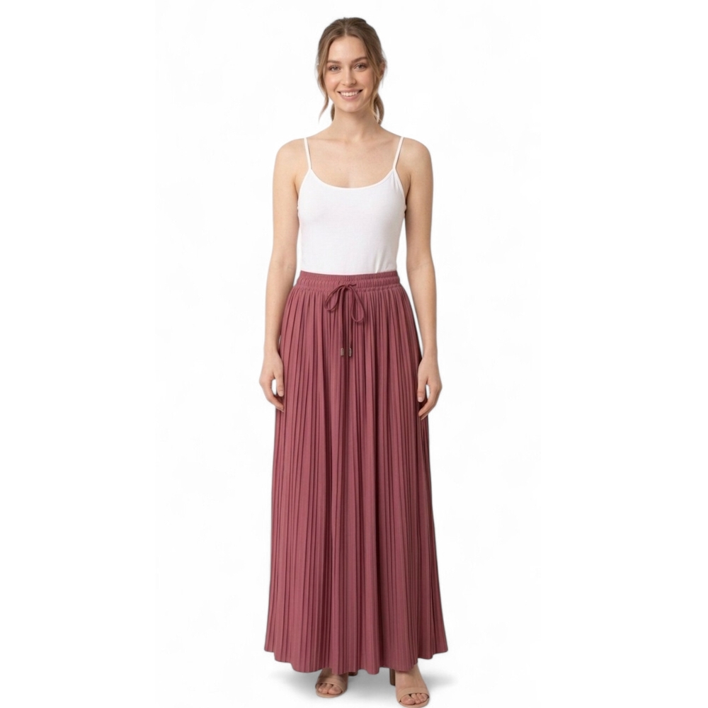 Dusty Rose Micro Pleated Maxi Skirt Elastic Waist Flowy One Size
